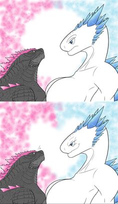 two godzillas facing each other with pink and blue streaks on their backs, one in the foreground