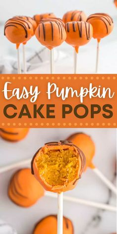 easy pumpkin cake pops on a stick with text overlay