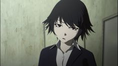 an anime character with black hair in a suit and white shirt looking at the camera