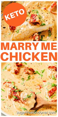 two pictures with the words keto and mary me chicken in white gravy