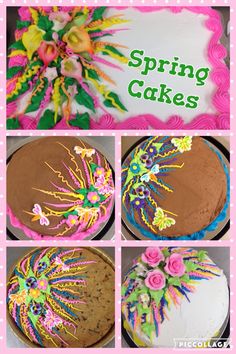 four different pictures of decorated cakes with the words spring cakes