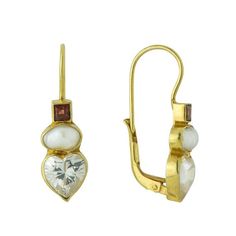 Dress up a night at the theatre with this stunning creation named for the famed Victorian actress. A heart-shaped cubic zirconia, baroque pearl and garnet in a simple 24k gold over sterling silver setting. European backs for pierced ears. Size: 1 1/8 inches. Victorian Actress, Victorian Earrings Antiques, Victorian Earrings, Lapis Earrings, Style 2023, The Theatre, Garnet Earrings, Cubic Zirconia Earrings, Rhodolite Garnet