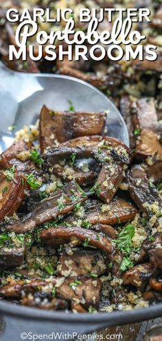 garlic butter mushroom mushrooms in a pan with spoon