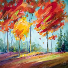 an oil painting of trees in the fall