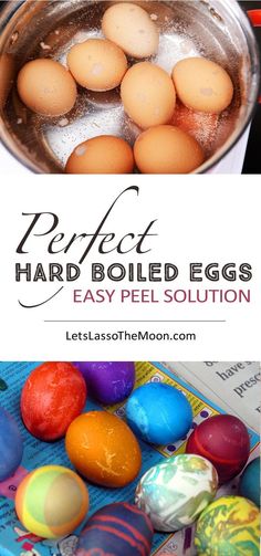 an image of some eggs in a pot with the words perfect hard boiled eggs easy peel solution