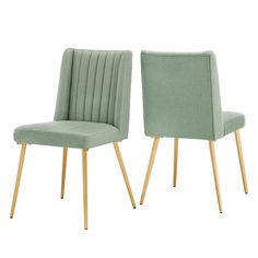 two green chairs with wooden legs and one has a light blue upholstered seat