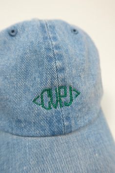 Glitter green embroidery Denim baseball cap with brushed metal closure. 100% Cotton CVPJ CVPJs Trendy Green Hat With Embroidered Logo, Green Baseball Cap With Embroidered Logo, Trendy Spring Dad Hat With Embroidered Logo, Spring Snapback Hat With Embroidered Logo And Curved Visor, Green Dad Hat With Embroidered Logo For Spring, Spring Green Dad Hat With Embroidered Logo, Spring Snapback Hat With Embroidered Logo And Curved Bill, Embroidery On Denim, Embroidery Denim