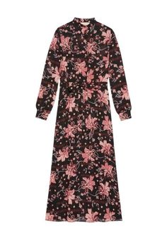 This dress is abloom with pretty florals and flows down to a floor-length silhouette. Button up in style.Black/pinkAll-over floral printRound neckFront button fasteningLong sleevesBelted waistFloor-lengthComposition: Viscose 100%Made in Italy Gucci Runway, Gucci Floral, Floral Print Dress Long, Runway Dresses, Black Maxi Dress, Floral Print Dress, Dress Materials, Day Dresses, Designing Women