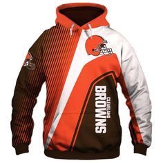 a brown and white football hoodie with the browns on it's side, in front of a white background