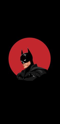 the dark knight batman in front of a red circle with his head turned to look like he