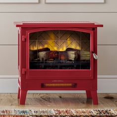 Country Living Infrared Freestanding Electric Stove in Deep Red Minimalist Door Handle, Electric Fireplace Stove, Freestanding Electric Fireplace, Etched Glass Door, Fireplace Stove, Best Electric Fireplace, Stove Heater, Room Heater, Wooden Log