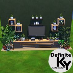 an animated image of a living room with potted plants on the wall and television