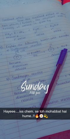 an open notebook with the words sunday written in cursive writing and a purple pen