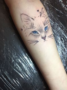 a cat with blue eyes is on the arm and it's head has been drawn