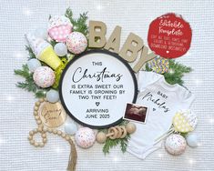 a baby's first christmas card surrounded by other items