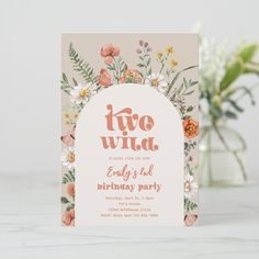 a birthday party card with flowers and leaves on the front in pink, orange and white