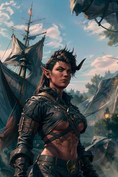 an image of a woman with horns on her head standing in front of a pirate ship