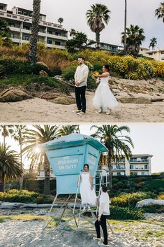 the bride and groom are getting ready to go on their wedding day at the beach