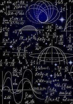 a blackboard with many calculations on it and stars in the night sky behind them