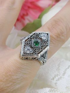 Emerald Ring, Art Deco Revival Jewelry #D231 Art Deco Silver Emerald Wedding Ring, Silver Art Deco Emerald Wedding Ring, Elegant Formal Emerald Filigree Ring, Elegant Formal Emerald Ring With Filigree, Elegant Filigree Emerald Ring For Formal Occasions, Silver Art Deco Emerald Ring, Diamond White Oval Filigree Ring, Silver Emerald Ring With Diamond Cut For Wedding, Oval Diamond White Ring With Filigree