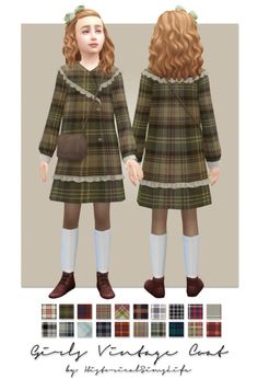 the girl is wearing a green plaid coat and brown boots, while she has long red hair