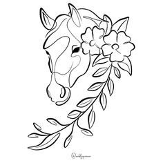 a horse's head with flowers and leaves in the foreground, on a white background