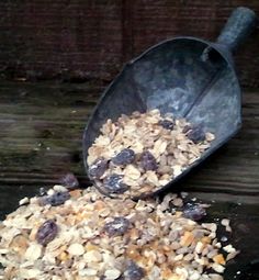 a scoop full of granola sitting on top of a wooden table next to a metal scoop