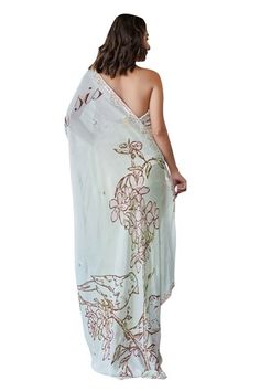 Cream saree featuring bird and floral pattern on the pallu with sequin and bead embroidered hem. Paired with a floral embroidered padded blouse. - Aza Fashions Cream Saree, Embroidered Hem, Padded Blouse, Blouse For Women, Saree With Blouse, Aza Fashion, Halter Neck, Floral Pattern, Blouses For Women