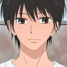 an anime character with black hair and brown eyes looking at the camera while wearing a white shirt