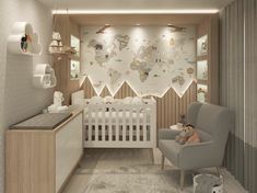 a baby's room with a crib, chair and wall map on the wall