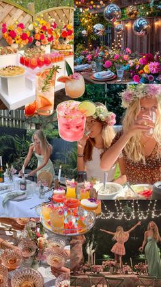 a collage of photos with people and desserts on the table in front of them