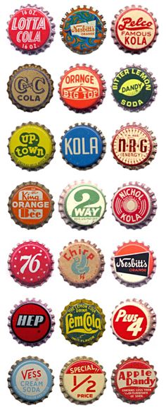 many different types of soda bottle caps in various colors and sizes, all with the same logo