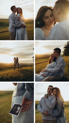 a man and woman kissing in the middle of an open field with sun shining down on them