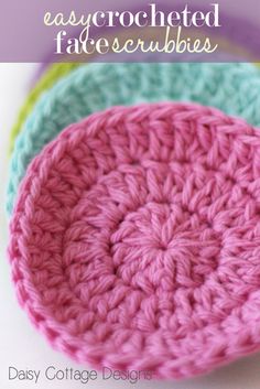 three crocheted hats with the words easy crocheted face scrubbies on them