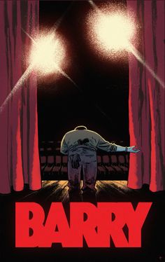 a movie poster for barry with a man standing in front of the curtained area