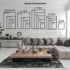 a living room with couches and tables in front of a wall art print size guide