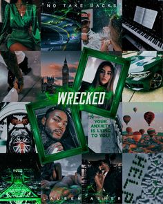 the album cover for wrecked is shown with various images and words in green, including an image of a woman sitting at a piano