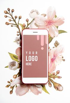 an image of a cell phone with flowers on the screen and texting that reads your logo here