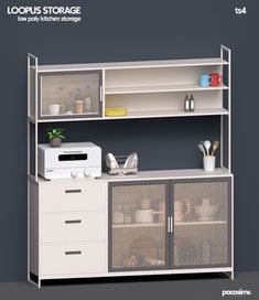 an image of a white shelf with drawers and microwave on it's side, in front of a gray wall