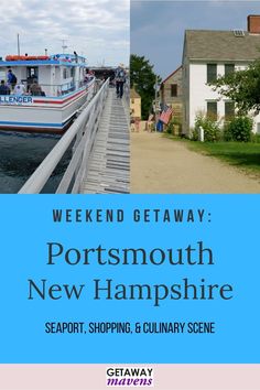 the front cover of a travel guide for portsmouth new hampshire, featuring two boats docked