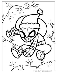 spiderman coloring pages for kids with christmas hats and scarp on his head,