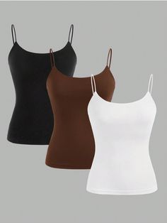 3pcs Casual Camisole Set, Sexy & Versatile, Slim-Fit Women Cami Tops For Summer Multicolor Casual   Knitted Fabric Plain Cami Slight Stretch  Women Clothing, size features are:Bust: ,Length: ,Sleeve Length: Casual Camisole, Camisole Set, Trendy Outfits For Teens, Women Tank Tops, Cute Tank Tops, Womens Cami, Baddie Outfits Casual, Tank Top Cami, Baddie Outfits