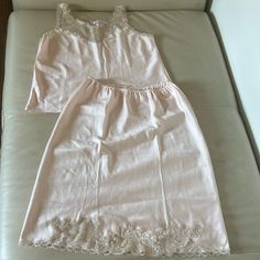 Beautiful 2 Piece Set, Vintage Soft Pink Satin With Lace Trim On Straps And Slip Bottom. Tank Measures 20.5” Long And 17” Pit To Pit. Only Call Out Is Slight Snag On Front But Hardly Noticeable. Bottom Has Elastic Waist 24” Long And 12” Across Flat. No Callouts On Skirt. Brand Tags Are Eve Stillman For Bonwit Teller Elegant Fitted Sleep Sets, Elegant Sleeveless Sleep Sets, Feminine Sleeveless Daywear Sets, Fitted Sets With Lace Trim For Wedding Night, Fitted Lace Trim Sets For Wedding Night, Fitted Lace Trim Sleepwear Set, Fitted Lace Trim Sets For Daywear, Vintage Soft, Satin Slip