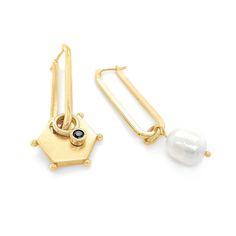 Elongated Sabrina Hoop with onyx charm and Colette pearl charm Earrings : 14k Gold Vermeil Inter changeable charms can be worm or wear earrings on their own Earring Charm, Hard Metal, Rainbow Earrings, Demi Fine Jewelry, Almost Famous, Pearl Charms, Charm Set, Solid Metal, Sterling Silver Charm