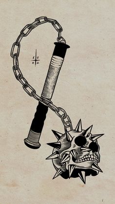 Tattoo design engraving illustration medieval torture flail Medieval Flail Drawing, Medieval Flail Traditional Tattoo, Medieval Mace Tattoo Design, Skull Flail Tattoo, Chain Mace Tattoo, Traditional Flail Tattoo, Flail Tattoo Blackwork, 2001 Tattoo Design, Mace Tattoo Traditional