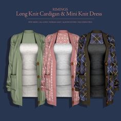 three women's cardigans and mini - knit dresses are shown in four different colors