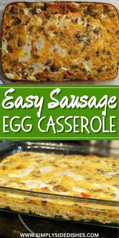 easy sausage egg casserole in a glass baking dish with text overlay that says easy sausage egg casserole