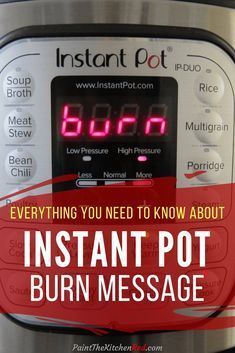 an instant pot is shown with the words instant pot written in red and white on it