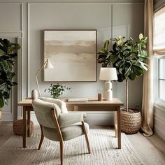 a living room filled with furniture next to a window and potted plants on top of a wooden table