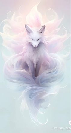 a white fox sitting on top of a body of water with long hair in the air